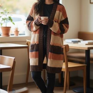American Eagle Womens Color Block Brown Striped Knit Sweater Cardigan XS/Small
